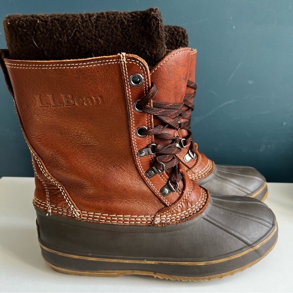 LL BEAN Brown Leather Rubber Rain Snow Boots Size 8 - Picture 9 of 10
